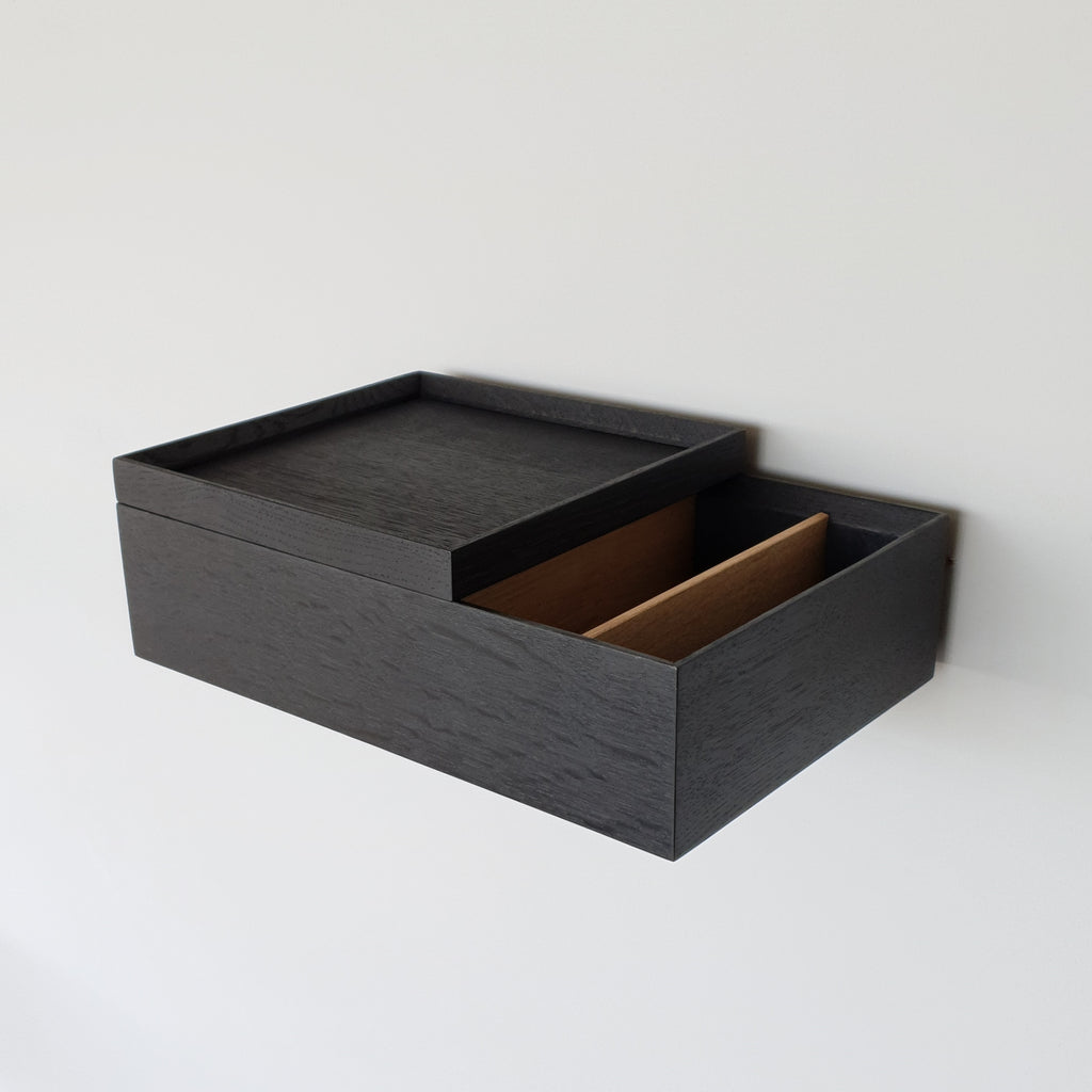 2x (pair) floating bedside table black oak with black tray