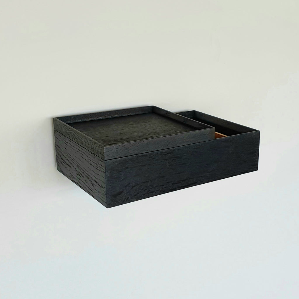 2x (pair) floating bedside table black oak with black tray