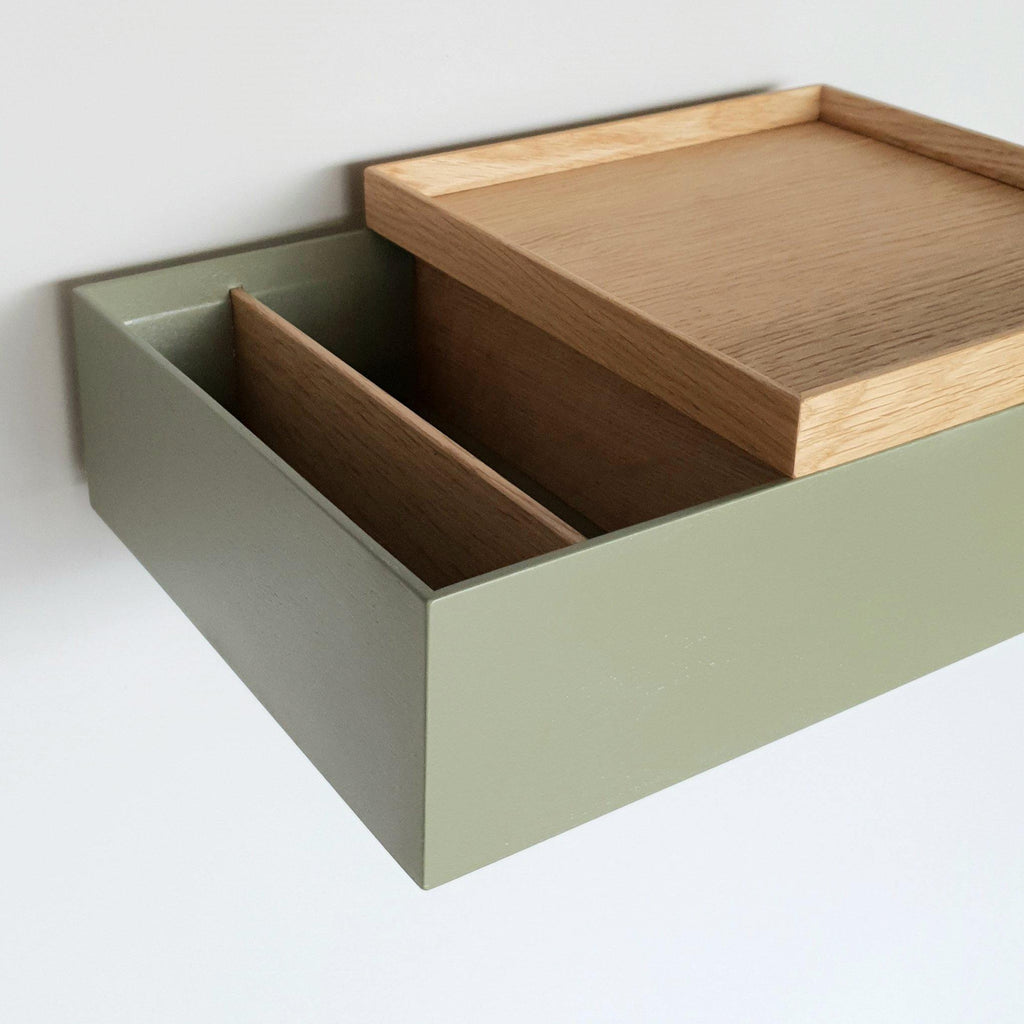 schwebender graugrüner Nachttisch aus Eiche, Nachttisch, MBK12 stilvolle Designermöbel aus Massivholz