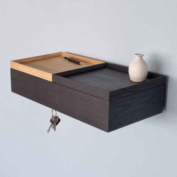 Wall console solid oak black 48cm two trays natural black