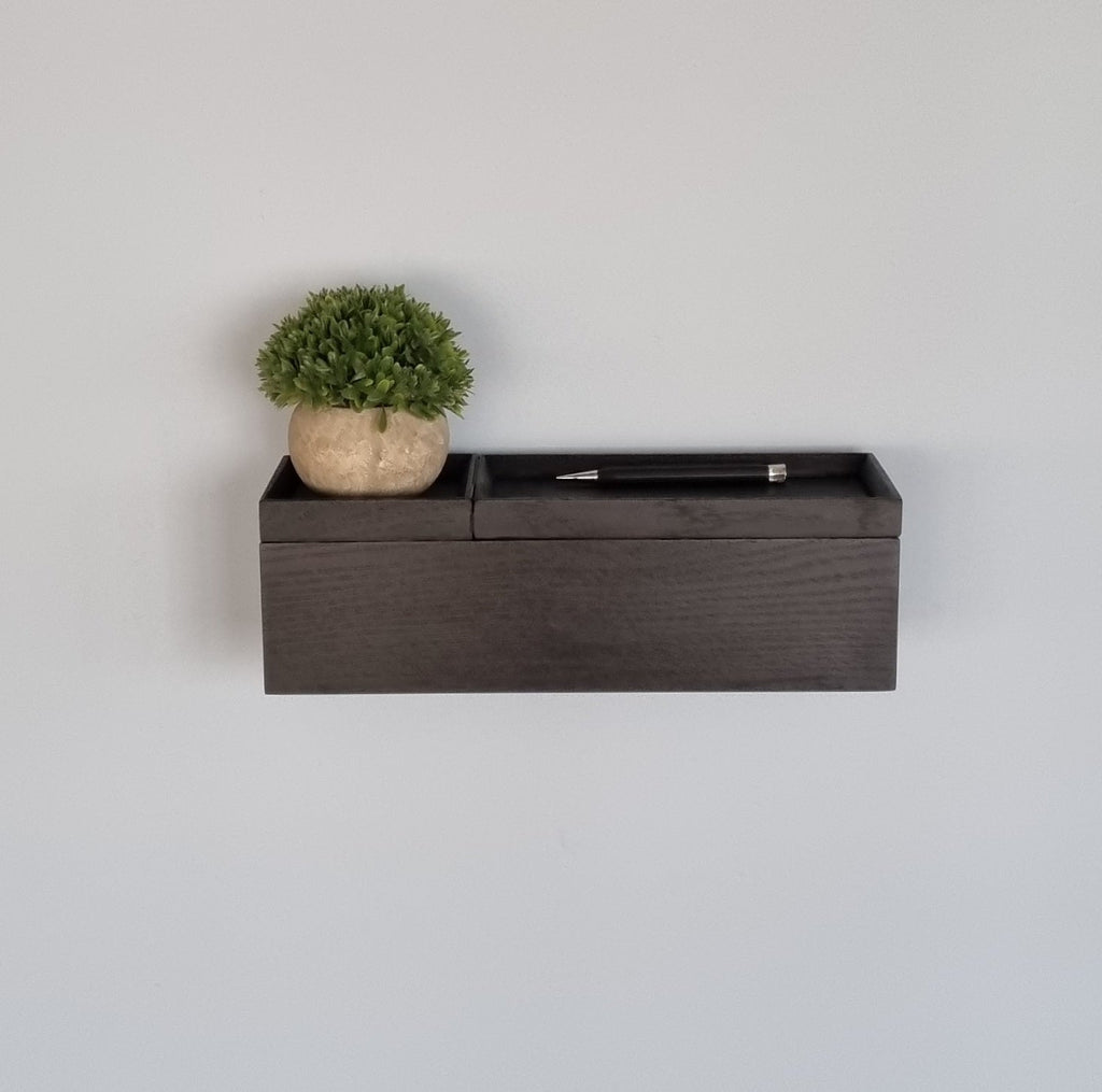 schmale Wandkonsole massive Eiche schwarz 36cm zwei Tabletts stilvolle Designermöbel aus Massivholz
