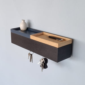 schmale Wandkonsole massive Eiche schwarz 48cm zwei Tabletts stilvolle Designermöbel aus Massivholz