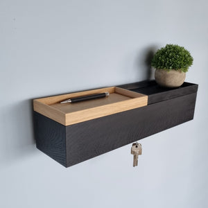 schmale Wandkonsole massive Eiche schwarz 48cm zwei Tabletts stilvolle Designermöbel aus Massivholz