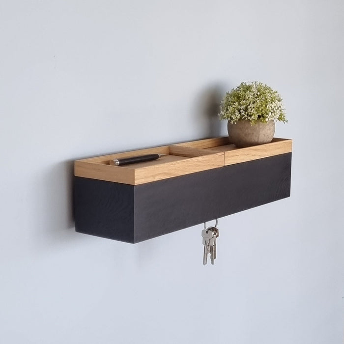 narrow wall console solid oak black 48cm two trays