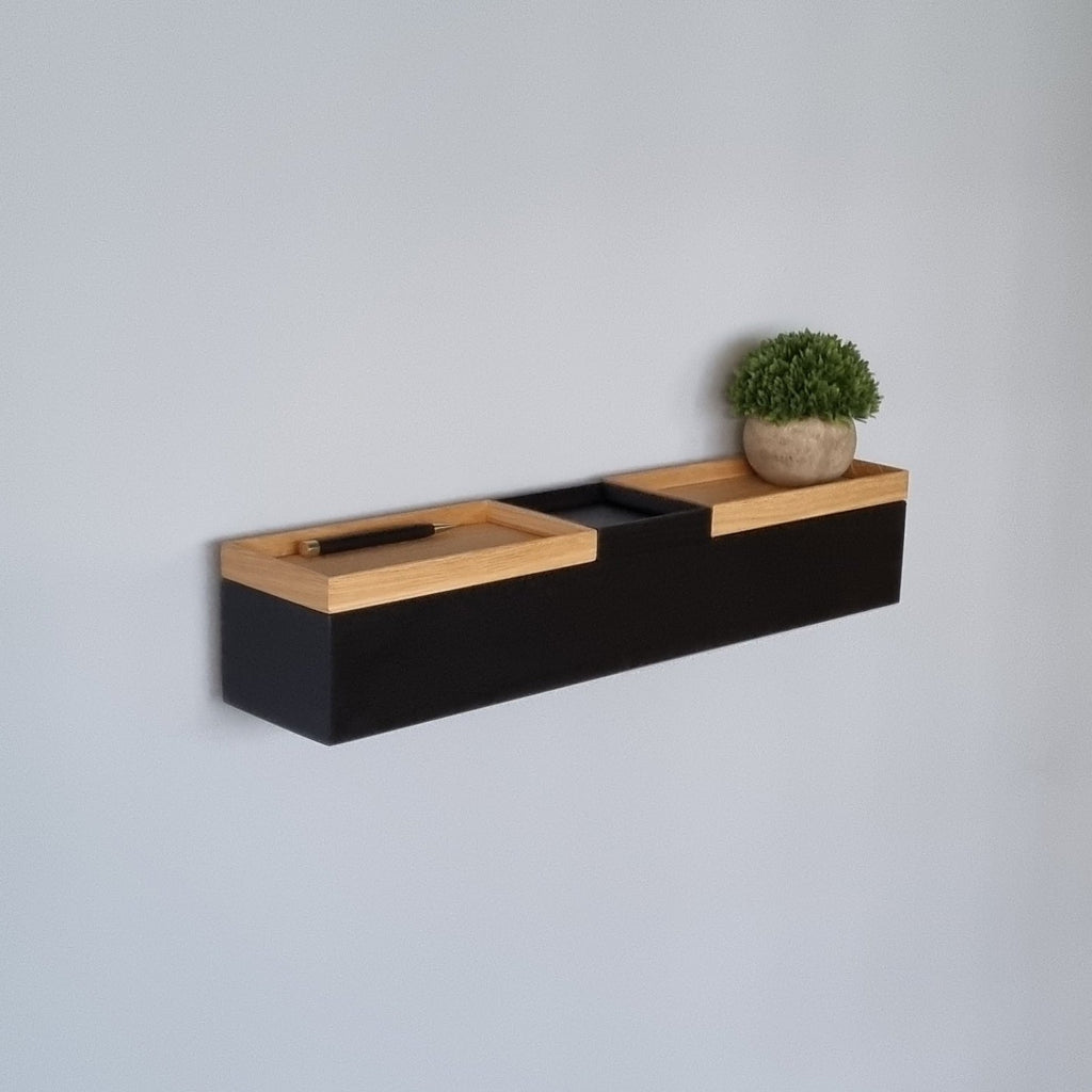 schmale Wandkonsole massive Eiche schwarz 60cm drei Tabletts stilvolle Designermöbel aus Massivholz