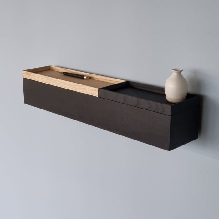narrow wall console solid oak black 60cm two trays
