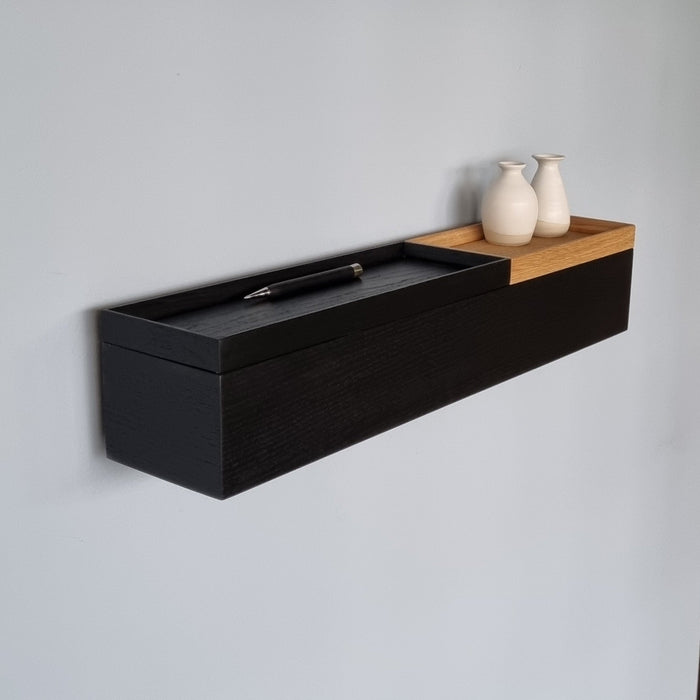 narrow wall console solid oak black 60cm two trays
